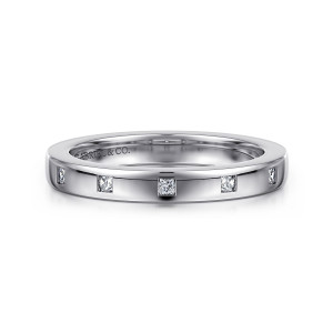 Gabriel & Co. AN16982W44JJ 14 karat white gold Contemporary anniversary band, front view of the square stones spaced apart across the flat polished face