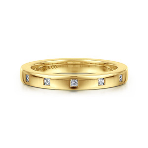 Gabriel & Co. AN16982Y44JJ 14 karat yellow gold Contemporary anniversary band, front view of a flat faced band with small square stones sunk flush at even intervals