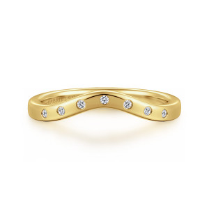 Gabriel & Co. AN16992Y44JJ 14 karat yellow gold Contemporary anniversary band, front view of the shallow curve with tiny round stones sunk flush along its face