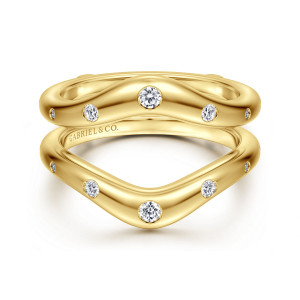Gabriel & Co. AN17013S-Y44JJ 14 karat yellow gold Contemporary ring enhancer, front view of two glossy V curved arms with small round diamonds spaced along each