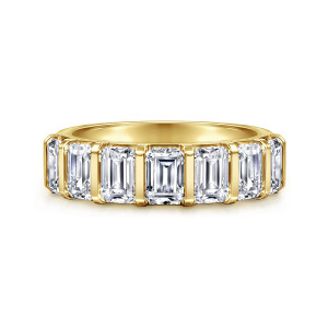 Gabriel & Co. AN17015Y43JJ 14 karat yellow gold Contemporary anniversary band, front view of tall rectangular stones divided by flat upright metal bars