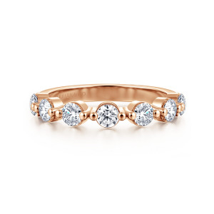 Gabriel & Co. AN17037K44JJ 14 karat rose gold Classic anniversary band, front view of round stones in small collars with tiny beads between each one