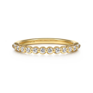 Gabriel & Co. AN17045Y44JJ 14 karat yellow gold Contemporary anniversary band, front view of round diamonds in thin rims with a tiny round bead between each pair