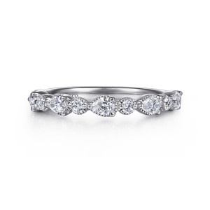 Gabriel & Co. AN17046W44JJ 14 karat white gold Victorian anniversary band, front view of pear shaped and round stones taking turns along the band