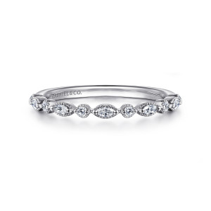 Gabriel & Co. AN17047W44JJ 14 karat white gold Victorian anniversary band, front view of marquise and round diamonds alternating in beaded frames along one line