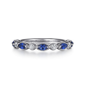 Gabriel & Co. AN17048W44SA 14 karat white gold Victorian anniversary band, front view of blue marquise stones alternating with round diamonds inside beaded milgrain collars