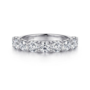 Gabriel & Co. AN17055W44JJ 14 karat white gold Contemporary anniversary band, front view of round diamonds in a single row with prong tips between each pair