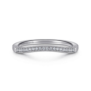 Gabriel & Co. AN17056W44JJ 14 karat white gold Victorian anniversary band, front view of a curved band with a line of tiny round stones between beaded edges