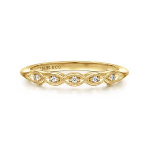 Gabriel & Co. AN17057Y44JJ 14 karat yellow gold Victorian anniversary band, front view of pointed oval frames with beaded rims each holding a tiny round diamond