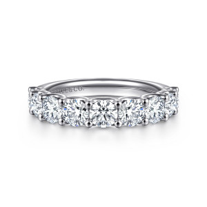 Gabriel & Co. AN17064W44JJ 14 karat white gold Contemporary anniversary band, front view of round stones side by side with ball tipped prongs shared between them