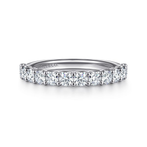 Gabriel & Co. AN17066W44JJ 14 karat white gold Contemporary wedding band, front view of two equal round stones meeting at the middle of the row