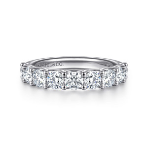 Gabriel & Co. AN17068W44JJ 14 karat white gold Contemporary anniversary band, front view of round diamonds in one row, held between prongs ending in small round beads