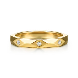Gabriel & Co. AN17070Y44JJ 14 karat yellow gold Contemporary anniversary band, front view of round stones set flush in diamond-shaped facets with smooth metal between