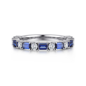 Gabriel & Co. AN17079W44SA 14 karat white gold Art Deco anniversary band, front view of blue baguette stones alternating with round diamonds in small prongs