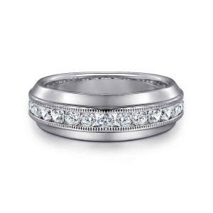 Gabriel & Co. AN17091W44JJ 14 karat white gold Victorian anniversary band, front view of the diamond track bordered by milgrain between flat beveled shoulders