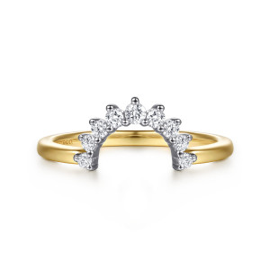 Gabriel & Co. AN17110M44JJ 14 karat white and yellow gold Contemporary anniversary band, front view of the curved arch of round stones, each in its own prongs, above a plain hoop