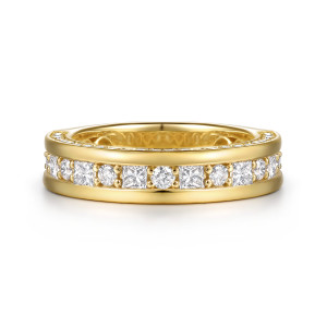 Gabriel & Co. AN17115Y44JJ 14 karat yellow gold Contemporary wedding band, front view of square and round stones alternating between two raised polished rails