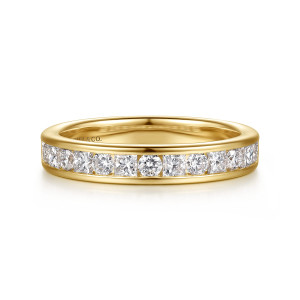 Gabriel & Co. AN17116Y44JJ 14 karat yellow gold Contemporary wedding band, front view of round and square stones alternating between two smooth channel walls