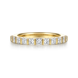 Gabriel & Co. AN17125Y44JJ 14 karat yellow gold Contemporary anniversary band, front view of square diamonds divided by slim upright bars in a single straight line
