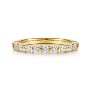 Gabriel & Co. AN17131Y44JJ 14 karat yellow gold Contemporary anniversary band, front view of round stones divided by flat upright bars along the top