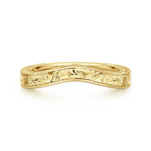 Gabriel & Co. AN17144Y4JJJ 14 karat yellow gold Classic anniversary band, front view of a shallow curve carved with scrolls and flowers between beaded edges