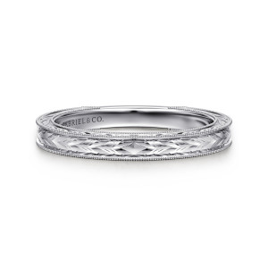 Gabriel & Co. AN17145W4JJJ 14 karat white gold Classic anniversary band, front view of engraved leaf chevrons meeting at a lozenge shaped motif between beaded edges