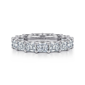 Gabriel & Co. AN17150-6W43JJ 14 karat white gold Contemporary eternity band, front view of large elongated diamonds with small round prongs at their corners
