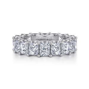 Gabriel & Co. AN17151-6W43JJ 14 karat white gold Contemporary eternity band, front view of elongated stones with trimmed corners held by bead tipped prongs