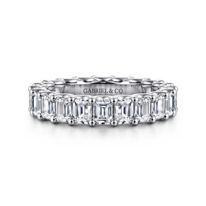 Gabriel & Co. AN17153-6W43JJ 14 karat white gold Contemporary eternity band, front view of step cut stones side by side held by small round prongs