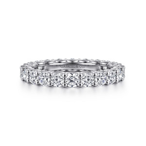 Gabriel & Co. AN17154-6W44JJ 14 karat white gold Contemporary eternity band, front view of round stones held by pairs of bead tipped prongs