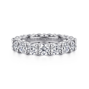 Gabriel & Co. AN17155-6W44JJ 14 karat white gold Contemporary eternity band, front view of large round stones lined up between ball-tipped prongs along the top