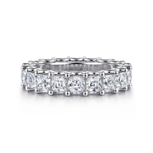 Gabriel & Co. AN17156-6W44JJ 14 karat white gold Contemporary eternity band, front view of square diamonds side by side, each held by round prong beads at its corners