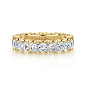 Gabriel & Co. AN17156-6Y44JJ 14 karat yellow gold Contemporary eternity band, front view of squarish diamonds side by side between beaded prong tips along both edges