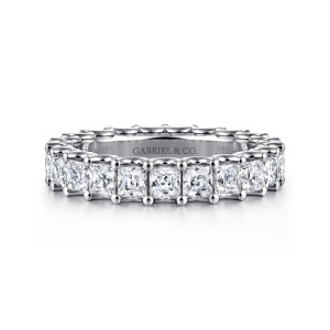 Gabriel & Co. AN17157-6W44JJ 14 karat white gold Contemporary eternity band, front view of square diamonds shoulder to shoulder with a maker's mark on the inner wall