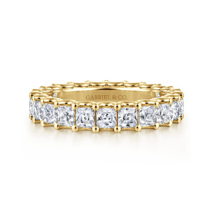 Gabriel & Co. AN17157-6Y44JJ 14 karat yellow gold Contemporary eternity band, front view of square stones with trimmed corners and small ball tipped prongs at each corner