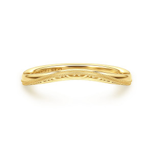Gabriel & Co. AN17160Y4JJJ 14 karat yellow gold Victorian anniversary band, front view of a plain curved band with beaded lines along both edges