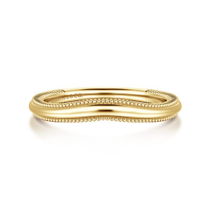 Gabriel & Co. AN17163Y4JJJ 14 karat yellow gold Victorian anniversary band, front view of a smooth domed band with a gentle dip and tiny beads along both edges