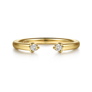 Gabriel & Co. AN17169Y44JJ 14 karat yellow gold Contemporary anniversary band, front view of the open gap with a small round stone held by prongs at each tip
