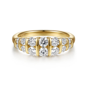 Gabriel & Co. AN17193Y44JJ 14 karat yellow gold Contemporary anniversary band, front view of paired round stones in two side by side rows divided by flat metal bars