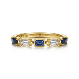 Gabriel & Co. AN17198Y43SA 14 karat yellow gold Contemporary anniversary band, front view of alternating blue and colorless rectangular stones in squared frames with ball spacers