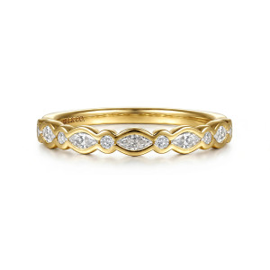 Gabriel & Co. AN17200Y44JJ 14 karat yellow gold Contemporary anniversary band, front view of marquise and round diamonds alternating inside smooth rims with a wavy lower edge