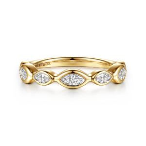 Gabriel & Co. AN17202Y43JJ 14 karat yellow gold Contemporary anniversary band, front view of marquise diamonds in smooth bezels touching point to point across the band