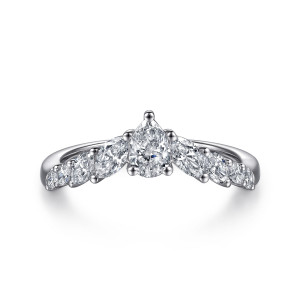 Gabriel & Co. AN17206W44JJ 14 karat white gold Contemporary anniversary band, front view of the pear shaped stone at the peak with elongated stones sloping down each side