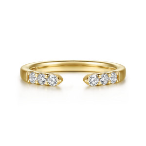 Gabriel & Co. AN17211Y44JJ 14 karat yellow gold Contemporary anniversary band, front view of matching stone runs facing each other across the open gap