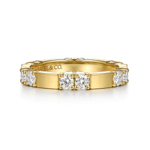 Gabriel & Co. AN17219-6Y44JJ 14 karat yellow gold Contemporary eternity band, front view of a pair of round stones framed by flat polished bars on either side