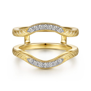 Gabriel & Co. AN17220L-Y44JJ 14 karat yellow gold Victorian ring enhancer, front view of two waved arms with a row of small round diamonds on each