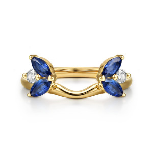 Gabriel & Co. AN17224Y44SA 14 karat yellow gold Floral Nouveau ring enhancer, front view of two blue marquise pairs flanking a softly waved band front