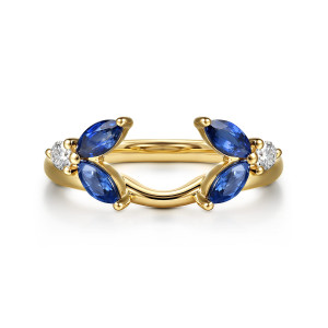 Gabriel & Co. AN17225Y44SA 14 karat yellow gold Floral Nouveau ring enhancer, front view of blue marquise petals and a small diamond on each side of a scooped opening