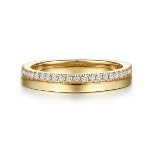 Gabriel & Co. AN17235Y44JJ 14 karat yellow gold Contemporary anniversary band, front view of a single row of small round stones beside a flat polished face