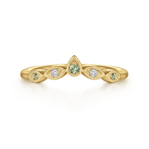 Gabriel & Co. AN17446Y44GS 14 karat yellow gold Victorian anniversary band, front view of a teardrop frame at the peak and almond frames stepping down each side